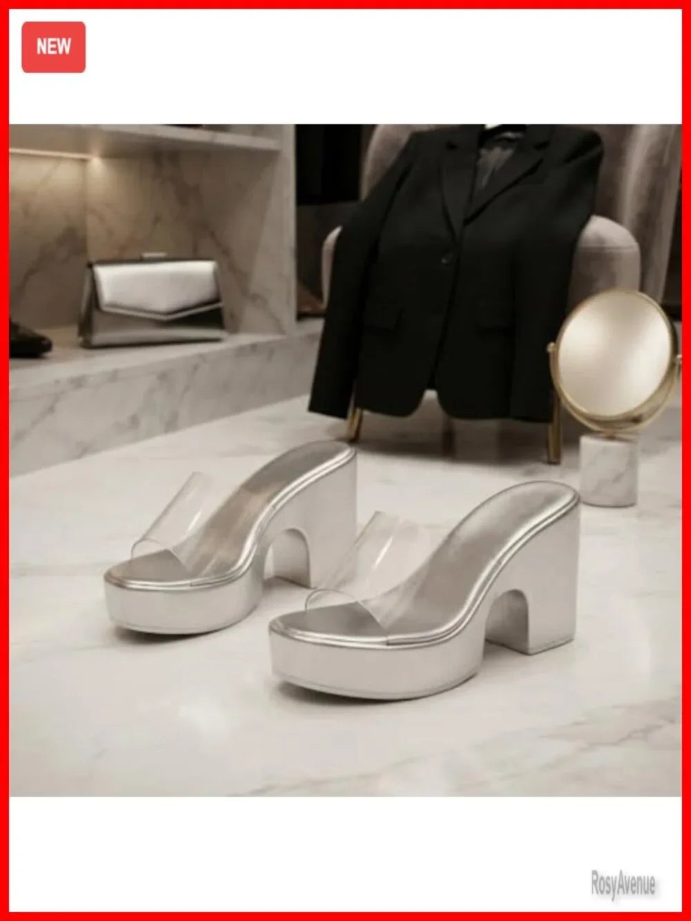 Women's Clear Strap Slide Sandals Chunky Block Heel Slip On Mules